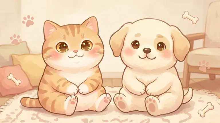 A happy cartoon cat and dog sitting side by side